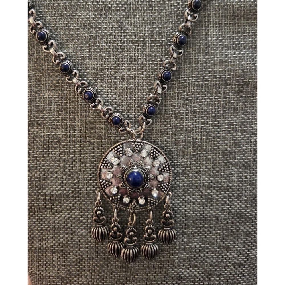 Long Silver Tone Necklace  With Dark Blue Stones Vintage 30in